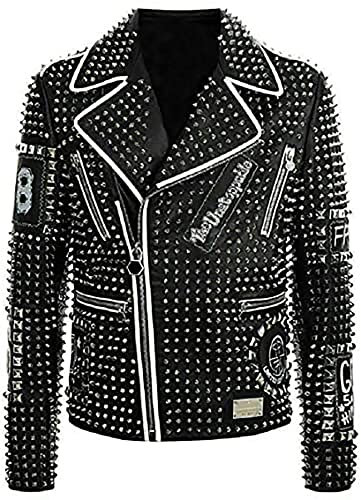 Fashion Hyped Brando Motorradjacke für Herren, mit goldenen Nieten, Schwarz, Schwarz - Echtleder, XS