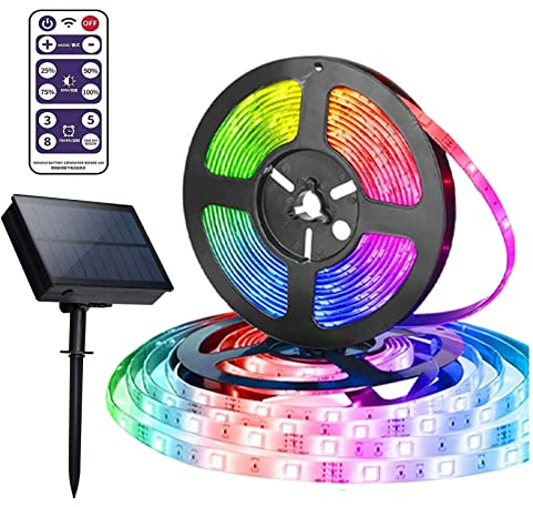 SUAVER Solar Lichterkette Außen 600LED Streifen Licht Wasserdicht Flexible LED Ribbon mit Fernbedienung,8 Modi Solar String Licht Dekoration Stimmung Seil Beleuchtung für Party (32.8ft, RGB)