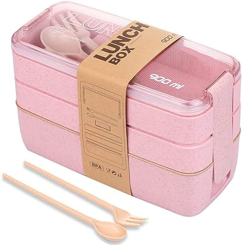 Click Clack Bento Box with Cutlery Set | 3 Compartments Japanese Lunchbox | Portable, Leak Resistant, Dishwasher & Microwave Safe Lunch Container | Stackable Food Storage Box for Kids (Pink)