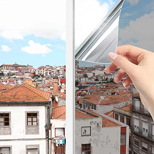 OFHome Window Film Privacy Mirror Reflective Sun Blocker, Silver 60x200cm | One Way Privacy, Solar Heat Blocking, Thermal, Anti Glare UV, Adhesive Window Tint For Home Office, Glass Windows