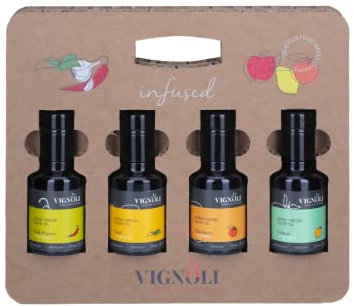 Olio extravergine di oliva, cofanetto regalo Vignoli, olio aromatizzato, basilico, mandarino, peperoncino, limone, 4 bottiglie da 100 ml