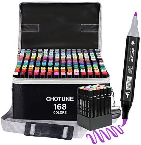 CHOTUNE Alkohol Marker Set, 168 Farben Weiche Bürste und Fein Doppelte Spitze Sketch Zeichenmarker, Einfaches Mischen zum Skizzieren und Illustrieren mit Schwarzer Handtasche und Basis
