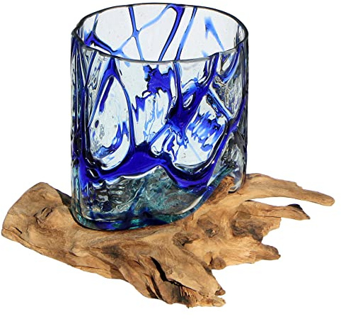 Wogeka - Designer Glas-Vase Gloria auf Wurzel-Holz als Maritime Mediterrane Deko Geschenk-Idee zu Weihnachten Geburtstag (Gloria L.bl (Ø Glas 15-16 cm))