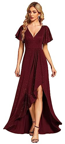 Ever-Pretty Robe de Soirée Femme Longue Col V Manches Courtes Fendue Asymétrique A Line Chic Or 42