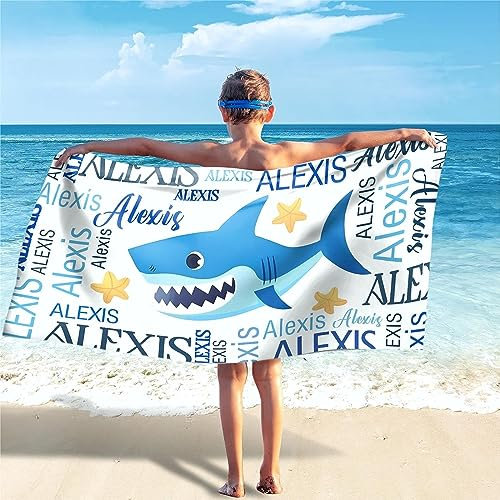SearchI Personalisiertes Strandtuch mit Namen 76x152cm,Sandfreie, Schnell Trocknende und Leichte Mikrofaser Stranddecke,Personalisierte Badehandtuch Geschenke für den Strand, Reise, Sauna(Hai B)