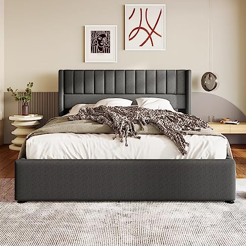 Dolamaní Polsterbett 180 x 200 cm, Doppelbett mit Stauraum, Metallrahmenbett mit Holzlattenrost, Leinen, Grau