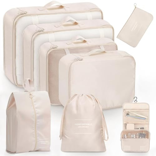 Organisateur Valise,Lot de 8 Organisateurs de Voyage,Sacs de Rangement Étanches pour Valise,Packing Cubes pour Vêtements, Chaussures et Cosmétiques,Beige