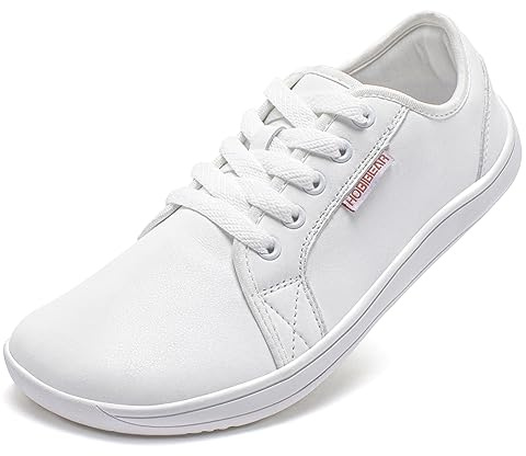 HOBIBEAR Minimalist Shoes for Men Women Wide Toe Barefoot Zero Drop Shoes Casual Leather Fashion Trainers Lightweight Walking Shoes White