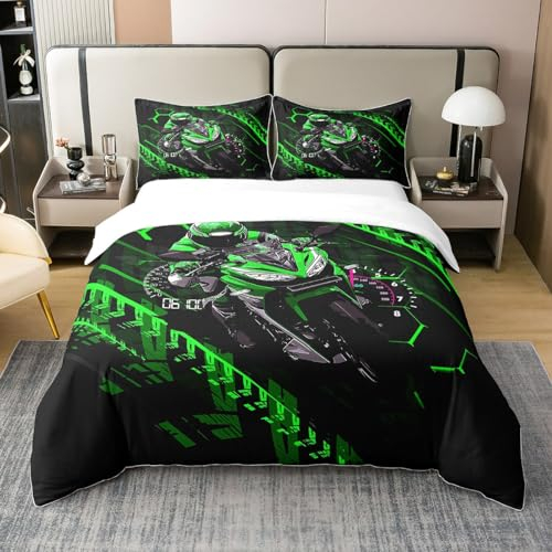 richhome 100% Baumwolle Green Rider Bettbezug 135x200,Racing Motorrad Extreme Speed Sport Super Soft Bettwäsche Set, Jungen Teens Auto Liebhaber Tröster Abdeckung Bettwäsche (kein Tröster)
