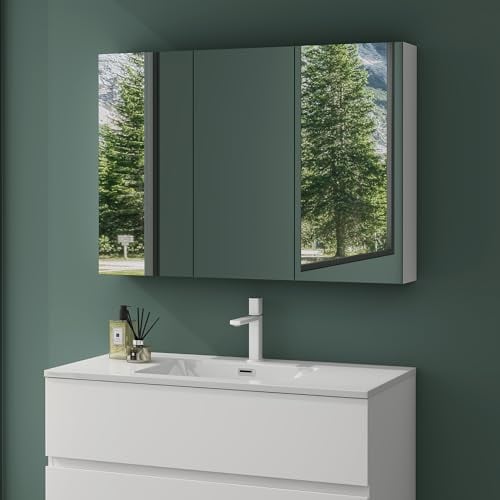 Mai & Mai Armoire Suspendue de Salle de Bain avec Miroir Armoire de Toilette Meuble Murale Miroir avec 3 Portes 100x15x70 cm Blanc Mat SpiegelSR-02