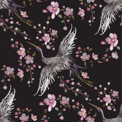 ReWallpaper Papier Peint Adhesif Mural Fleuri Vintage Vinyle Adhesif Meuble Rose Noir Papier Peint Adhesif pour Armoire Motif Grues Autocollant Film Adhesif pour Meuble Salle de Bain 44.5cm×3m