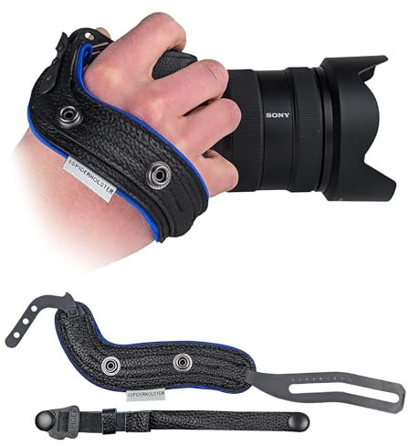 Spider Holster - SpiderPro Camera Hand Strap v2 with Snap Assembly and Optional Wrist Strap – DSLR and Mirrorless Compatible (Black Leather + Blue Trim)