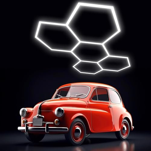 Widuc Detalles del automóvil luces LED hexagonales, 24 paquetes, 144w 15950ml 6500k nikko, garaje sótano gimnasio almacén con luces de techo enchufables 240cm X 168cm