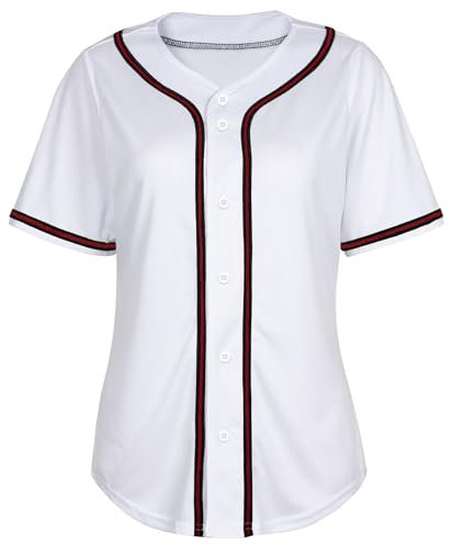 Damen-Baseballtrikot, Knopfleiste, blanko, Softball-Trikot, kurzärmelig, Hip-Hop-Aktiv-Hipster-Shirt, Weiß (schwarz-roter Rand), Mittel