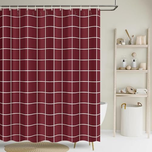 Luowenji Rideau de Douche 120 x 200 Plaid Rouge Rideau Douche Anti Moisissure Damier Rideaux Douche Imprimé 3D Tissu Lavable Polyester pour Baignoire Salle de Bain, avec Crochets A4027