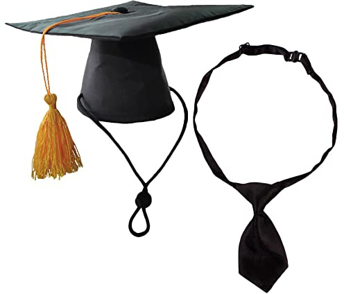 AHEOVSD Cappelli di laurea per animali domestici con cravatta per cani con nappa per cani neri in poliestere per animali domestici fai da te cani gatti accessorio per costume da