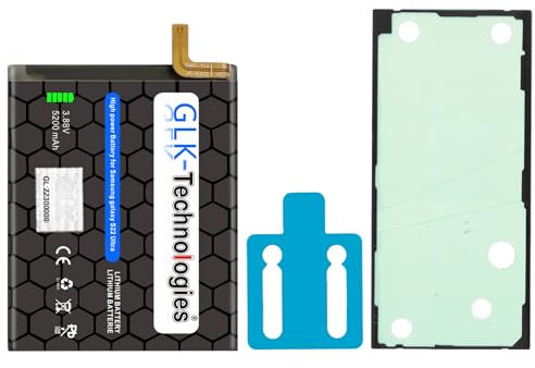 Batteria di ricambio ad alta potenza, compatibile con Samsung Galaxy S22 Ultra (S908B), batteria GLK-Technologies®, batteria da 5200 mAh, con 2 set di nastri adesivi