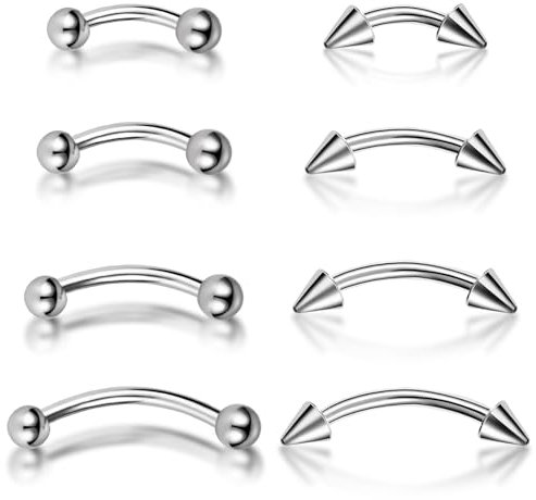Vokmon 8PCS Body Piercing Jewellery, Eyebrow Piercing, Curved Barbell Piercing Eyebrow Belly Lip Jewellery, 16G Silver Septum Ring, 6MM/8MM/10MM/12MM