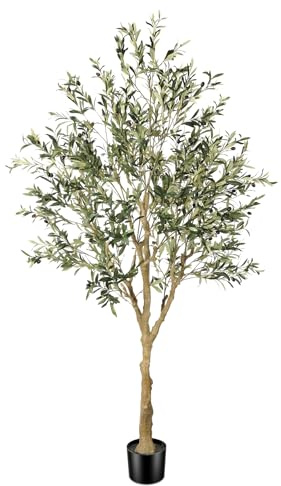 FEELEAD Albero di ulivo artificiale realistico, 2,1 m, per interni (213,4 cm), in seta, con tronco in legno naturale, per la decorazione di casa e ufficio