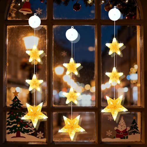 Ulikey Weihnachtsbeleuchtung Fenster Innen, 3 Stück Warmweiß Batteriebetrieben Fensterbeleuchtung Weihnachten, LED Lichtervorhang mit Saugnäpfe Timer, Weihnachten Deko Hochzeit Party (Stern)