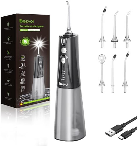 Munddusche Kabellos Water Flosser Zahnreinigung : LED-Anzeige 5 Modi Zahndusche mit 300ML Wassertank & 6 Düsen, IPX7 Wasserdichte Oral Irrigator Munddusche Testsieger