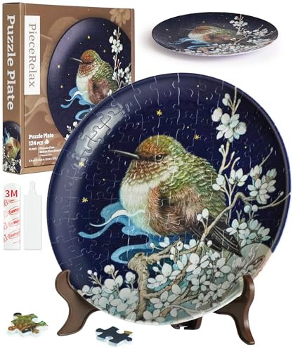 PieceRelax 3D Puzzle Plate 124 Pieces - Phoenix Chan - Bird on Plum Branch, Decorative Jigsaw for Home & Gift [PL1007]