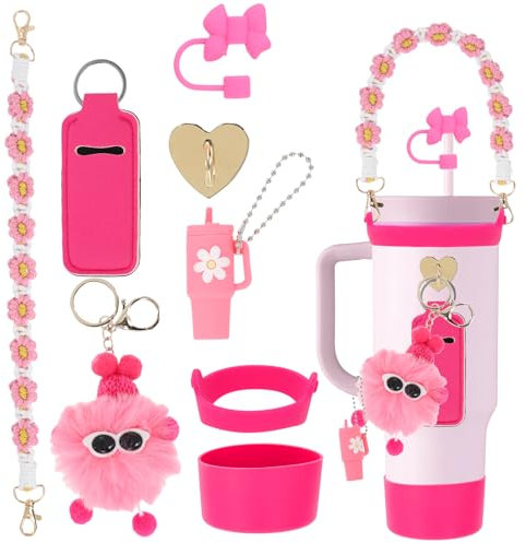 Stanley Cup Accessories Set, Personalised Pink Stanley Straw Cover & Silicone Boot for 30oz & 40oz Tumblers, Spill Proof Decor