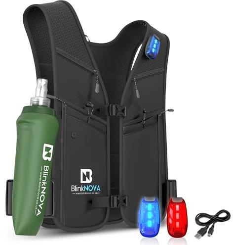 BlinkNOVA Running Vest with Phone Holder, Reflective Hydration Vest with Adjustable Waistband and Collapsible Water Bottle, Adjustable Unisex Hiking Accessories: Front Buckle Design - (Clip: M/L)