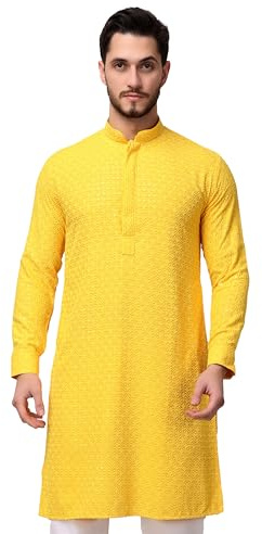 Aakrati Men's Silk Blend Sequence Mirror Work Kurta Indian Mens Designer Kurta (Yellow, 42)