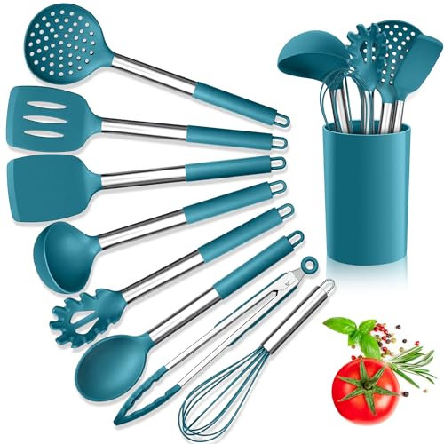 Herogo Kitchen Utensils Set, 9-Piece Silicone Cooking Utensil with Stainless Steel Handle, Heat Resistant Kitchen Cooking Spatula Turner Spoon with Holder, Non-Stick, Easy to Clean - Blue