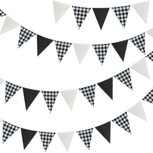 G2PLUS Schwarz Weiß Wimpelkette mit Karomuster: 10m Jute Stoff Girlande | 36 Stück Wimpeln, Party Deko Girlande Outdoor für Geburtstag, Baby Shower, Hochzeit, Café Deko