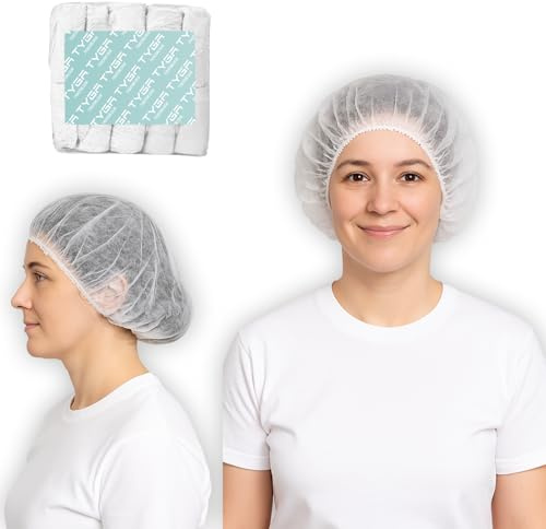 TYGA Disposable Mob Caps Hair Nets, 52 cm stretchable, White, Pack of 100 | 52 cm stretchable, Non-Woven Polypropylene, Double-Stitched, Suitable For Kitchen & Catering Use, Latex-Free, Comfortable