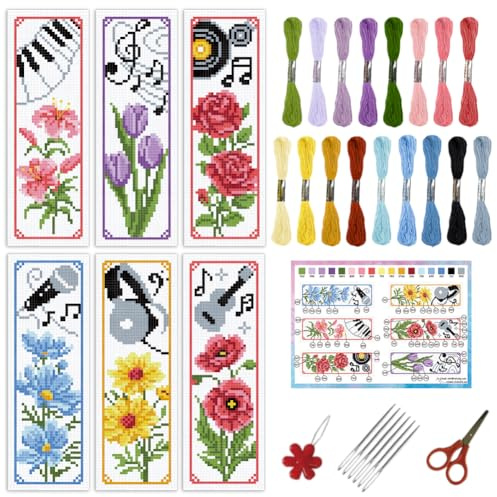 INFUNLY 6er Set Blumen Musik Kreuzstich Lesezeichen Kit für Anfänger DIY Lilien Tulpen Rosen Geprägte Stickerei Lesezeichen Noten Piano Nadelspitze Set mit Anleitung für Bücherliebhaber Leser