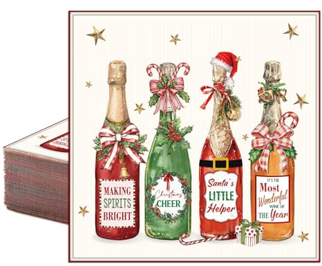 Tenceur 50 Stück Weihnachts-Cocktail-Servietten, 12,7 x 12,7 cm, Vintage-Weinflaschen-Design für Serviettentechnik, Einweg-Papierservietten, Weihnachts-Partyzubehör, Küchentischdekoration