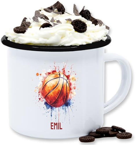 Emaille Tasse Blechtasse - Basketball - Ball Watercolor personalisiert - Gadget Training Zeug - 300 ml - Weiß Schwarz - basketballer motiv motive fan personalisierte für name
