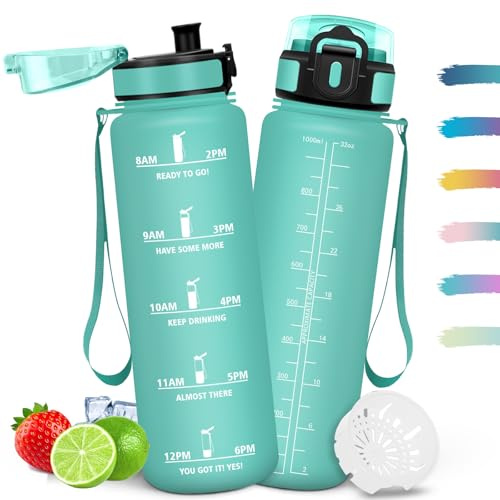 Mulbijeo Trinkflasche 1L, Auslaufsicher mit Zeitmarkierung, Wasserflasche mit Filter, Trinkflasche Kohlensäure Geeignet, Wiederverwendung, Wasserflasche für Fahrrad, Camping, Yoga, Fitness
