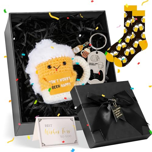 Kit Birra Regalo Uomo con Apribottiglie Portafortuna da Regalare Calze Uomo Divertenti Carta Regali per Amanti Bere a Uncinetto Regalo Positivo per Festa Della Birra Compleanno & Celebrazioni
