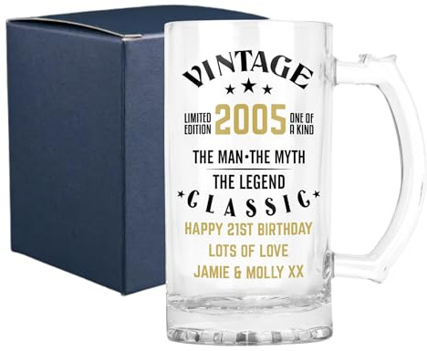 21st Birthday Gift for Him - Personalised 21st Birthday Glass Beer Mug Stein Tankard, 0.8 Pint, Vintage The Man The Myth The Legend, Dishwasher Safe (Print with Handle on Right, Cardboard Gift Box)