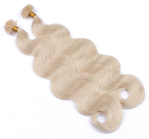 Keratin Bonding GEWELLT Hair Extensions (#60 - WEISSBLOND - 50 cm - 25 Strähnen - 1g - Gewellt) 100% Remy Hair Extentions Echthaar Haarverlängerung Micro Ring Remy Qualität, ganz leicht einzusetzen