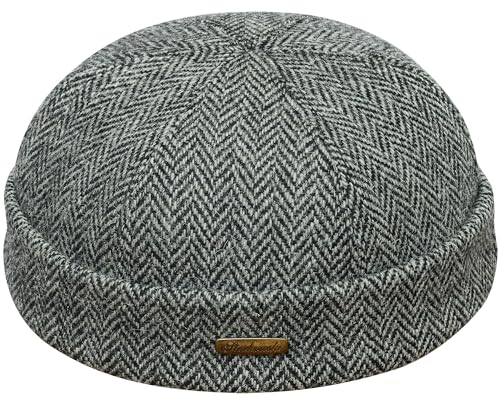 Sterkowski Docker Mütze | Harris Tweed Beanie Kappe für Herren und Frauen | Leon der Profi Cap | Fahrrad Mütze | Kapitänsmütze | Wintermütze | Schwarz/Grau 58 cm