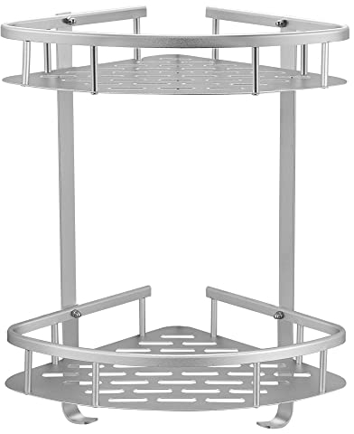 GERUIKE Duschkorb Ohne Bohren Ecke - Badezimmer Regal Silber - Duschregal Ecke Badezimmer Organizer, Duschkörbe mit Stark Kleber, Aluminium Eckregal Bad 2-Tier Duschablage Ohne Bohren