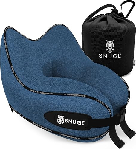 SNUGL Reisekissen – Ergonomisches Memory Foam Kissen für Kopf-, Nacken- & Kinnstütze – Ideal für Flugzeug, Auto & Zug – Inklusive Tragetasche mit Karabinerhaken, Marlin Blue (Blau) PMFTP-L-MB