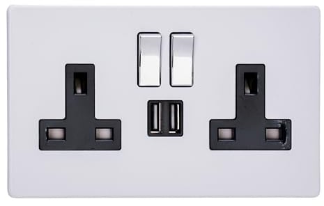 Varilight XDY5U2SBS.PD Screwless Primed 2 Gang Double 13A Switched Plug Socket 2.1A USB