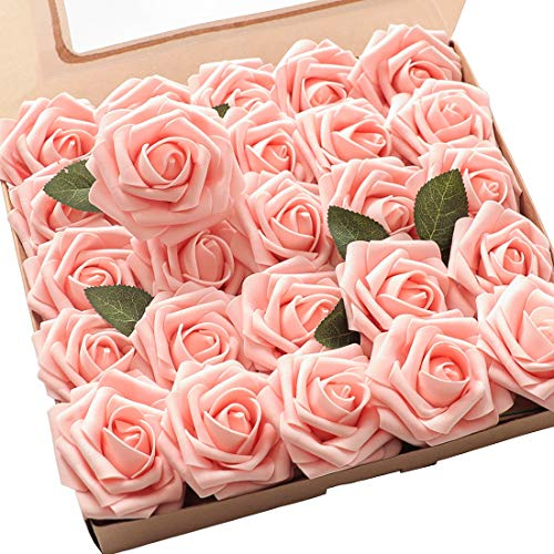 Rosen aus elfenbeinfarbenen Blumen, 50 Stück, echt aussehende künstliche mit Stiel für DIY Hochzeitssträuße, Tafelaufsätze, Arrangements, Party, Babyparty, Heimdekoration 50pcs Regular 3 peach pink