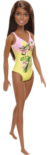 Barbie Plage poupée aux Cheveux châtains en Maillot de Bain Une pièce Rose et Jaune à Motifs, Jouet pour Enfant, GHW39