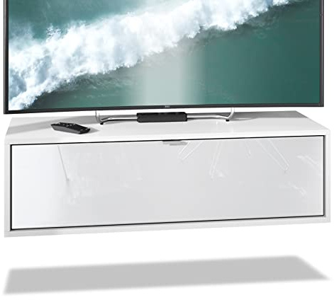 Vladon TV Board Lana 100 Hängeschrank Lowboard 100 x 29 x 37 cm, Made in Germany, Korpus in Weiß matt, Fronten in Weiß Hochglanz | Große Farbauswahl