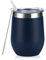 Verre à vin sans pied en acier inoxydable de 355 ml à double paroi isotherme avec couvercle et paille, verre à vin en acier inoxydable pour vin, café, cocktails, champagne, crème glacée, bleu marine
