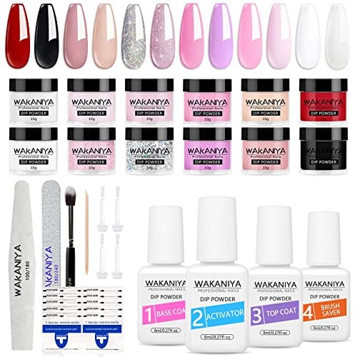 Dipping Powder Nails Set, 12 Farben Clear White Dip Powder Nail Starter Kit Mit 4 Dip Puder Liquids & Maniküre Tools für French DIY Home Nail Art Acryl Pulver Nails, Keine UV Lamp Nageldesign-Sets