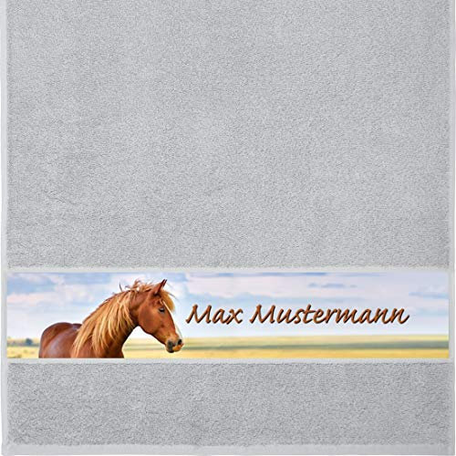 Manutextur Handtuch mit Namen - personalisiert - Motiv Tiere - Pferd - viele Farben & Motive - Dusch-Handtuch - hellgrau - Größe 50x100 cm - persönliches Geschenk mit Wunsch-Motiv und Wunsch-Name