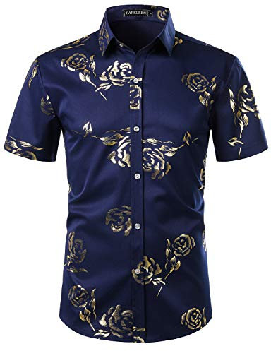 PARKLEES Mens Hipster Gold Rose Printed Slim Fit Short Sleeve Button Down Dress Shirts Navy Gold XL